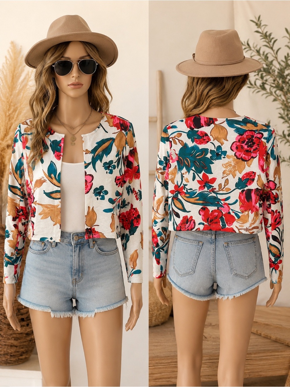 🆕 Floral Button-Front Crop Cardigan - Teal, Pink & Tan Floral